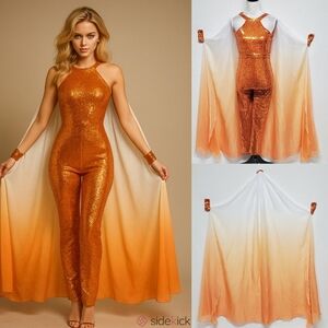 One More Couture One Of A Kind Neon Orange Sequin Jumpsuit Ombre Cape Set XS
